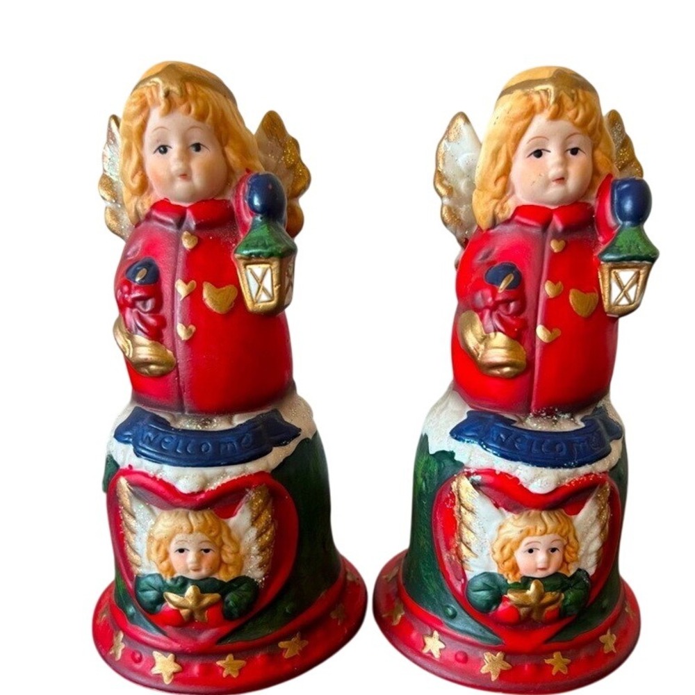 Vintage Christmas Angel Ceramic Welcome Bells Set of 2 Red Green Gold 6.5 Inch